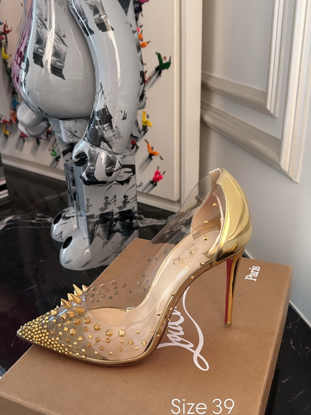 Christian Louboutin Gold & Clear Spike-Embellished Pointed-Toe Pump - Picture 1 of 1